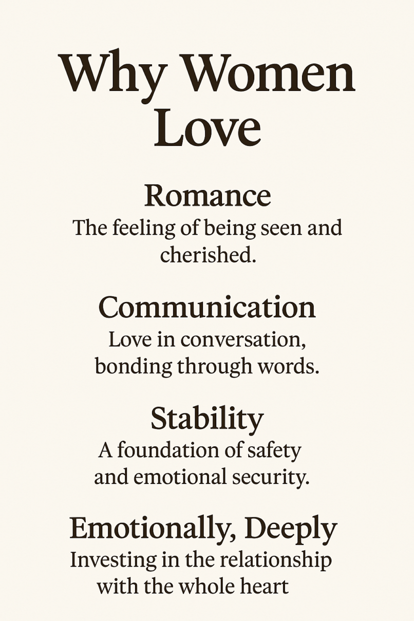 why women love, why women love deeply, how women love, romance in relationships, emotional connection in love, emotional stability in relationships, communication in relationships, female psychology in love, emotional needs in relationships, understanding women in love, why women love differently, women and emotional intelligence, traits women are attracted to, women and romantic connection, signs of deep love, emotional depth in relationships, love and communication, relationship advice, love psychology, dating and relationships, emotional intimacy, modern relationships, relationship tips for men, how to love her, building trust in love, romantic connection