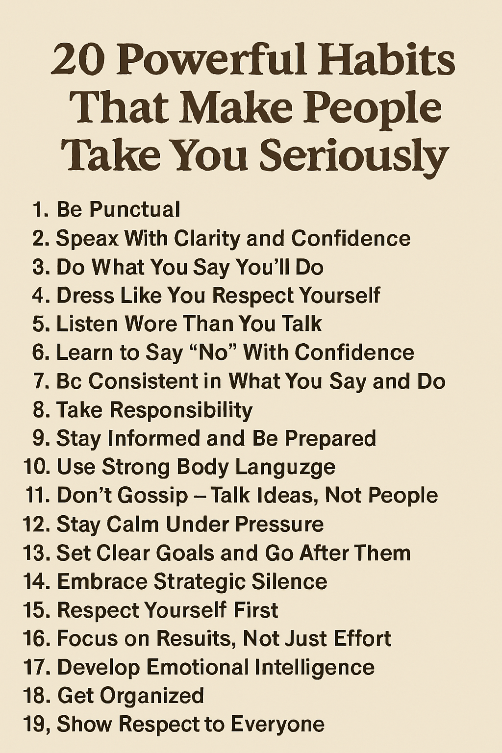 how to be taken seriously, personal growth, habits for success, earn respect, self-discipline, emotional intelligence, personal development, confidence, professionalism, leadership, credibility, trust-building, consistency, communication skills, time management, goal setting