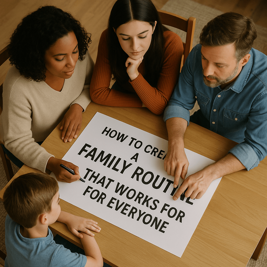 how to build a family routine, family routine ideas for working parents, daily schedule for kids and parents, how to manage time as a family, routines that work for toddlers and teens, benefits of family routines, how to organize family time, family chore chart ideas, creating a flexible family routine, morning and bedtime routines for kids, setting structure at home, time management tips for busy families, routines that strengthen family bonds, how to balance work and family life, sustainable family scheduling tips