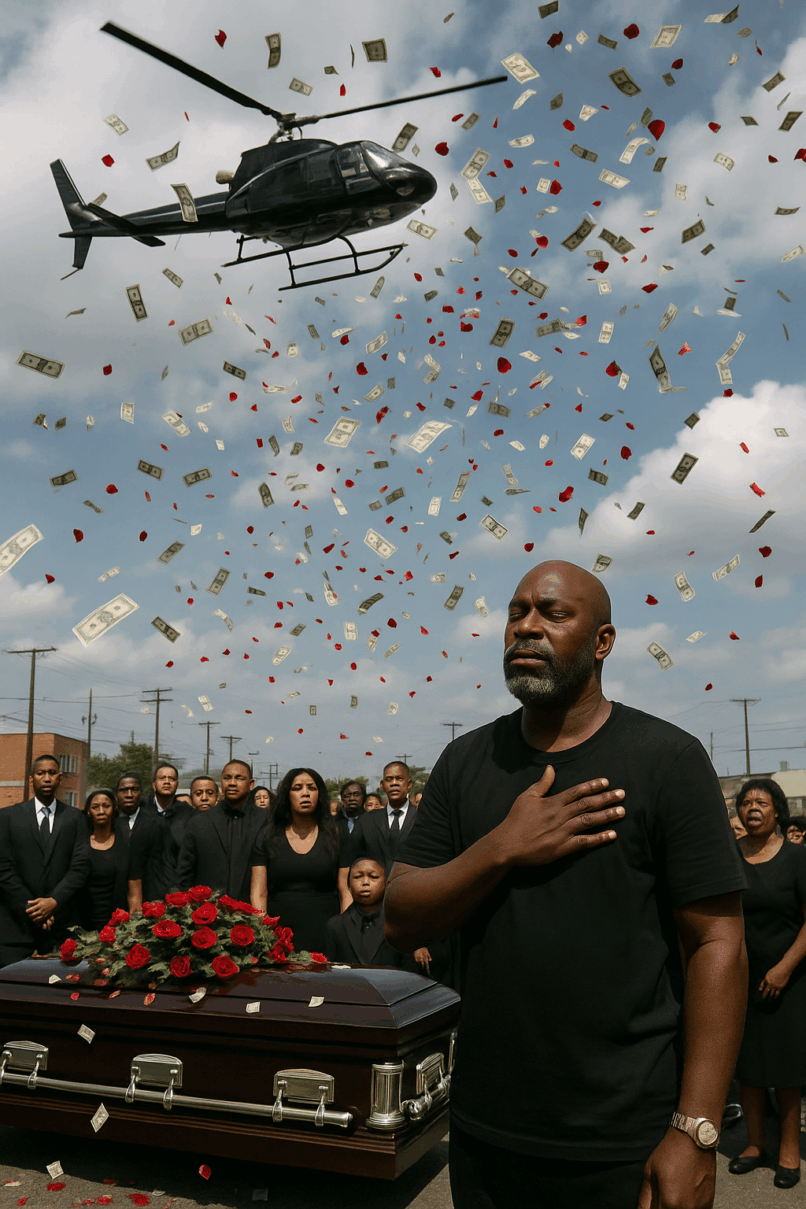Darrell Plant Thomas funeral story, real-life helicopter money drop, Detroit funeral made it rain, funeral that gave money to people, generous funeral story, Darrell Thomas helicopter rose petals, funeral surprises Detroit, cash and petals funeral Detroit, heartwarming funeral stories, Showroom Shine Express owner funeral, Detroit man final blessing funeral, raining money at funeral, emotional real-life funeral stories, helicopter funeral tribute Darrell Thomas