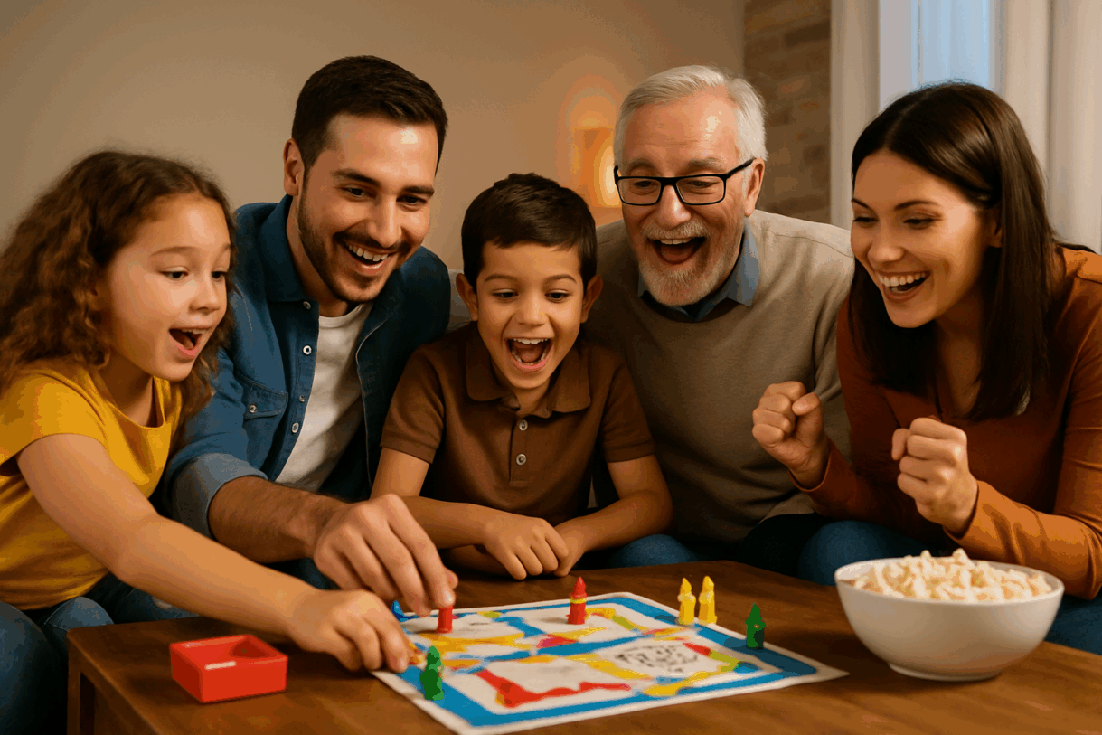 family game night ideas, fun games for family night, games for mixed age groups, family bonding activities, how to host family game night, indoor family games, non-screen family activities, family traditions ideas, cooperative family games, easy board games for kids, competitive family games, diy family games, family night snack ideas, parenting tips for bonding, building family traditions