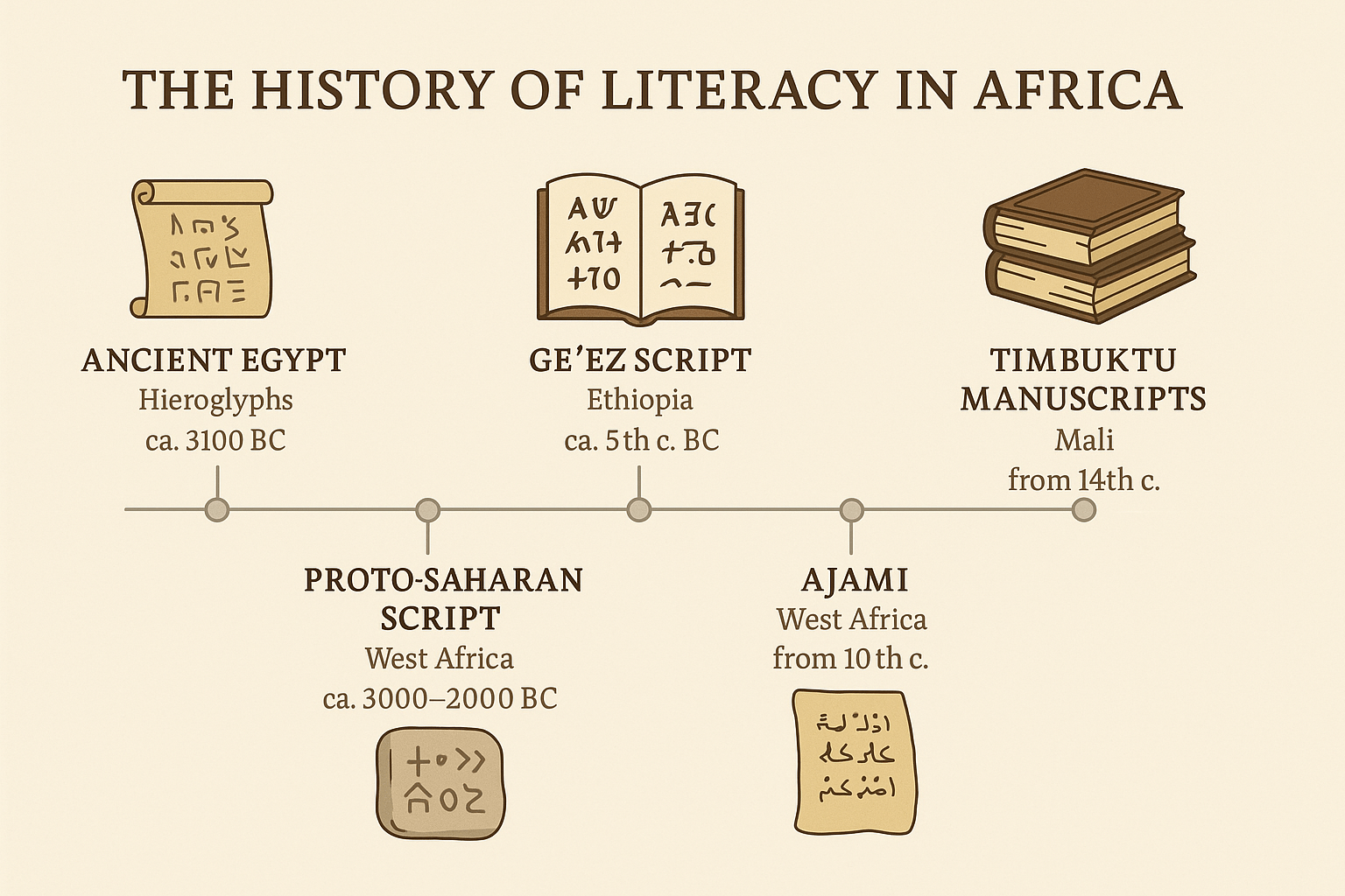 Timbuktu manuscripts, African literacy history, first Africans to read and write, Ahmed Baba, Sankore University, Nana Asma’u, Ajami script, Nsibidi symbols, Ge’ez script, African scholars, Tifinagh writing system, Timbuktu libraries