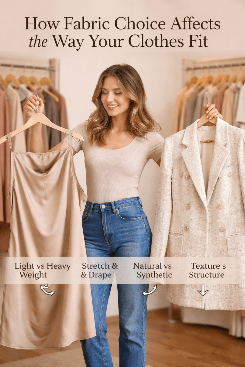 fabric choice and clothing fit, how fabric affects fit, fabric weight and garment fit, stretch fabric vs non stretch, woven vs knit fabric differences, how to choose fabric for better fit, clothing fit guide, understanding fabric drape, natural vs synthetic fabrics clothing, elastane in clothing fit, why same size clothes fit differently, fabric types and body shape, fashion fabric guide, garment construction and fit, how to buy clothes that fit better