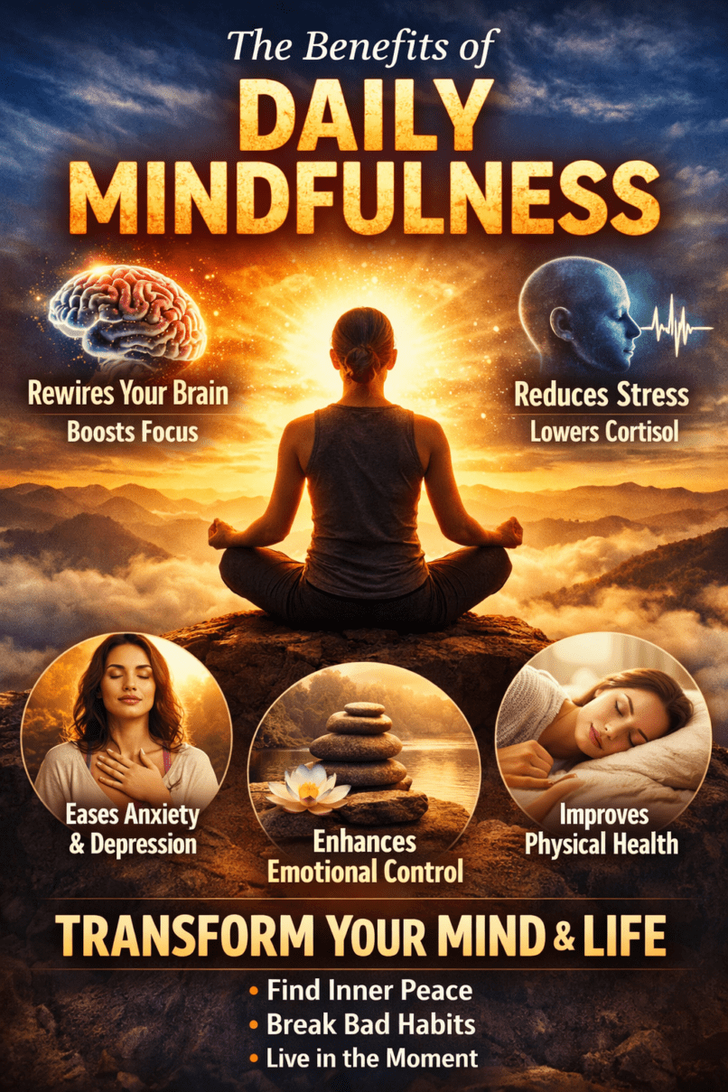 daily mindfulness benefits, benefits of mindfulness practice, why mindfulness is important, mindfulness for beginners daily routine, how mindfulness improves mental health, mindfulness for stress relief naturally, daily meditation benefits for brain, mindfulness and productivity improvement, how mindfulness reduces anxiety and depression, science backed benefits of mindfulness, mindfulness for emotional control and stability, improve focus and concentration mindfulness, mindfulness habits for success, mindfulness for better sleep and health, how to practice mindfulness daily at home, mindfulness techniques for busy people, mindfulness for self awareness and growth, mindfulness and neuroplasticity explained, reduce cortisol with mindfulness practice, mindfulness lifestyle benefits long term