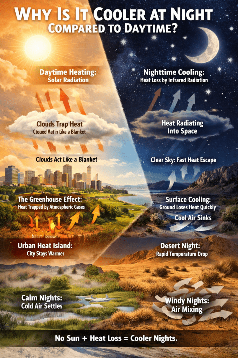 why is it cooler at night, why nights are colder than days, temperature difference between day and night, why temperature drops after sunset, infrared radiation earth cooling, how heat escapes at night, greenhouse effect at night explained, why clear nights are colder, why cloudy nights are warmer, why deserts are cold at night, diurnal temperature variation explained, why mornings are the coldest time, how the sun heats the earth, earth energy balance explained, atmospheric heat retention factors, urban heat island effect at night, why cities stay warm at night, humidity effect on temperature at night, wind effect on night cooling, why high altitude areas are colder at night, how clouds trap heat at night, why nights feel cooler in Nairobi, nighttime cooling science explained, why temperature falls after sunset quickly, surface cooling and air temperature relationship, how earth loses heat at night, role of atmosphere in temperature control, why nights are cooler simple explanation, physics of temperature change day and night
