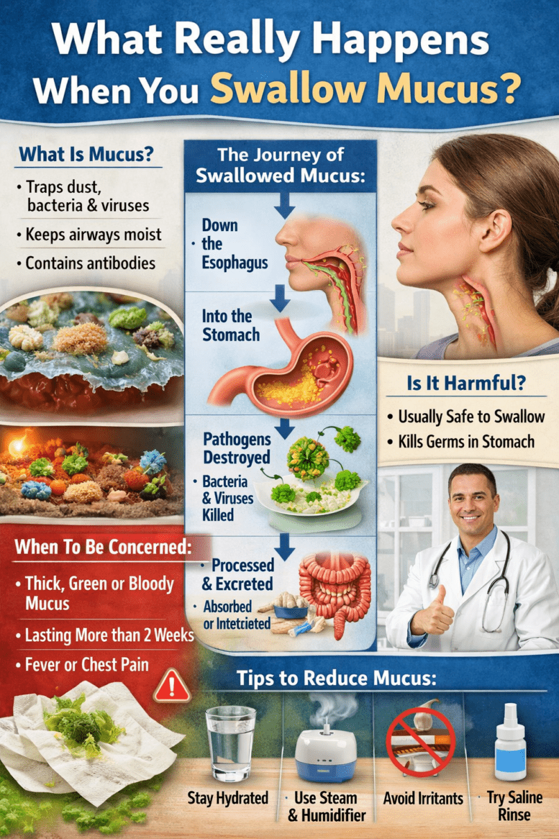 is swallowing mucus bad for you, should you spit or swallow mucus, can swallowing mucus make you sick, what happens to mucus after swallowing, why is my mucus thick and sticky, is it normal to swallow mucus, can mucus upset your stomach, why do I have mucus in my throat all the time