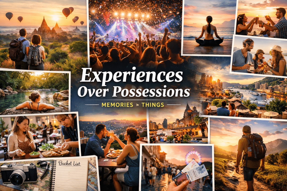 experiences over possessions, experience economy, why experiences are better than possessions, experiences vs material things, lifestyle trends 2026, consumer behavior shift, why people prefer experiences over things, happiness from experiences vs material things, psychology of buying experiences, emotional value of experiences, what makes people happy money experiences or possessions, science of happiness experiences vs things, memory vs material ownership psychology, modern lifestyle trends 2026, minimalist lifestyle trend, living for experiences not things, intentional living trends, slow living movement, meaning-driven lifestyle, purpose-driven living 2026, best travel experiences 2026, unique experience travel ideas, bucket list experiences worldwide, immersive travel experiences, experiential tourism trends, things to do instead of shopping, adventure travel experiences, concert experience trends, festival lifestyle culture, experiential dining trends, live event experience economy, social experiences over shopping, nightlife experience trends, cultural events and experiences, experience economy marketing, experiential branding strategies, customer experience economy, brands selling experiences not products, future of consumer spending, experiential marketing trends 2026, decline of materialism, social media lifestyle influence, culture of experiences over ownership, Gen Z lifestyle trends, millennial spending habits experiences, digital lifestyle shift, memory-based living culture