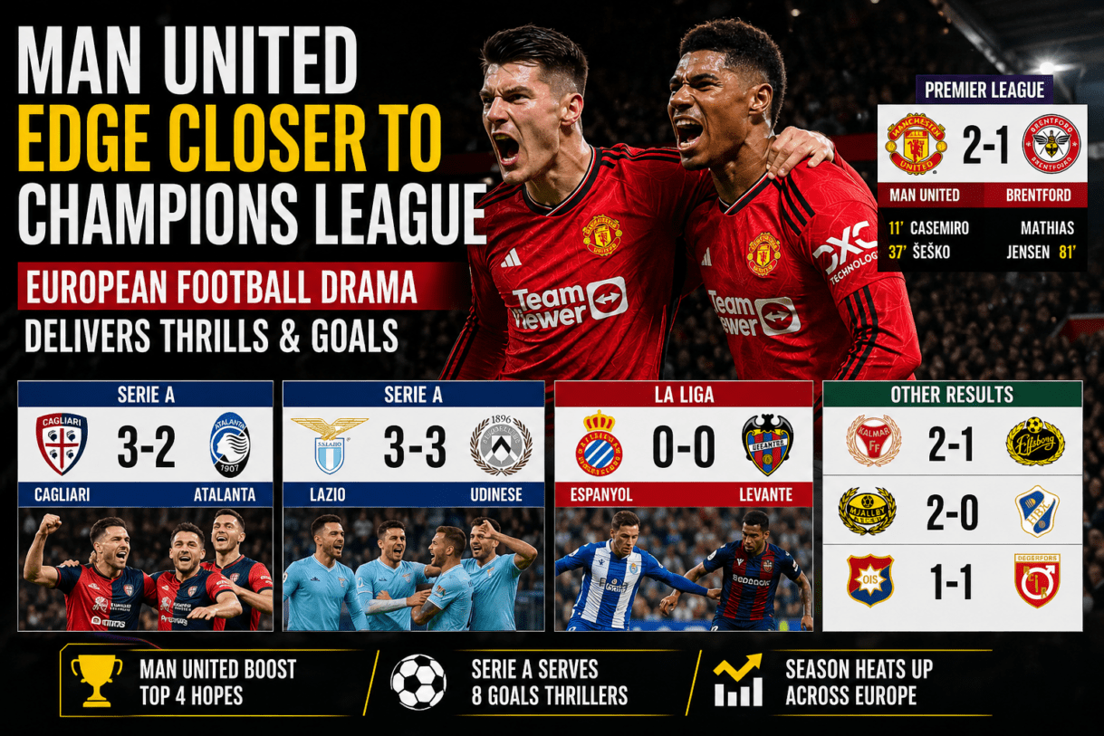 Manchester United vs Brentford result, Premier League results April 2026, Serie A results today, Lazio vs Udinese 3-3 analysis, Cagliari vs Atalanta highlights, La Liga results Espanyol Levante, latest football results Europe, football match reports 2026, Champions League qualification race EPL, Monday football results Europe