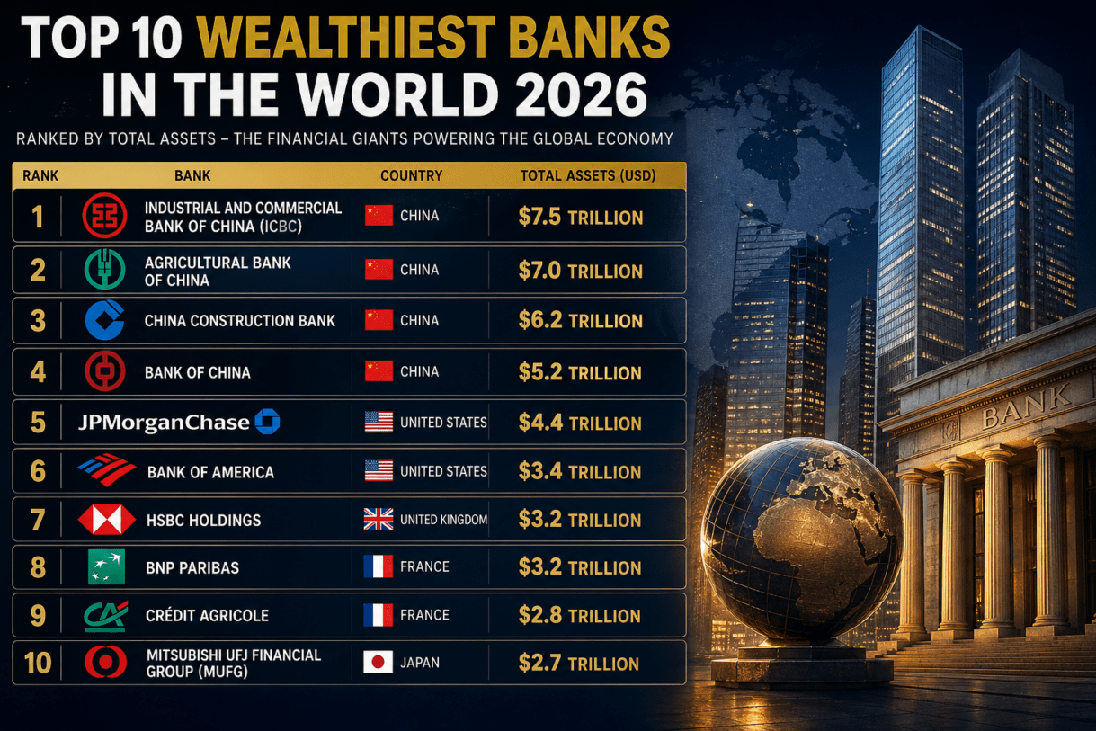 wealthiest banks in the world, richest banks globally, top 10 banks in the world 2026, biggest banks by assets, global banking giants, industrial and commercial bank of china, largest bank in the world, JPMorgan Chase assets, richest financial institutions, world banking rankings, top global banks, banking industry analysis, largest financial institutions 2026, chinese banks dominance, international banking leaders