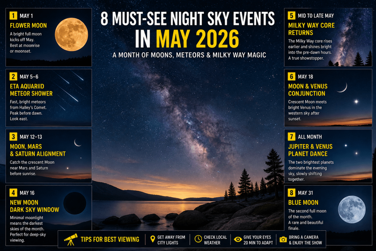 May 2026 night sky events guide, blue moon May 2026 meaning and date, Eta Aquariid meteor shower peak 2026 viewing time, best time to see Milky Way core May 2026, planetary alignment Mars Saturn Moon May 2026, Venus and Moon conjunction May 18 2026, Jupiter Venus evening sky 2026 visibility, full Flower Moon May 2026 explanation, rare Blue Moon May 2026 how to see, stargazing calendar May 2026 night sky, astronomy events May 2026 dates and times, best places to see Milky Way in May 2026, how to photograph Milky Way core beginners guide, meteor shower viewing tips May 2026, dark sky calendar May 2026 astronomy guide, what planets are visible in May 2026 sky, spring night sky guide 2026 meteor and moon events, when is the next Blue Moon after May 2026, Halley’s Comet meteor shower visibility Kenya 2026, best stargazing nights May 2026 Africa skies
