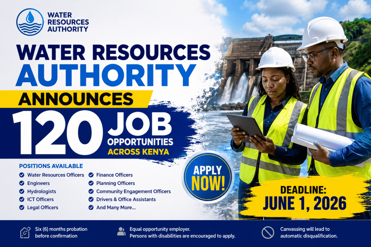 Water Resources Authority jobs 2026, WRA jobs Kenya, government jobs in Kenya 2026, latest jobs in Kenya, hydrology jobs Kenya, engineering jobs Kenya, ICT jobs Kenya, public sector jobs Kenya, water management jobs Kenya, Kenya job vacancies 2026, Water Resources Authority recruitment, WRA vacancies, Kenyan government recruitment news, graduate jobs Kenya, environmental jobs Kenya