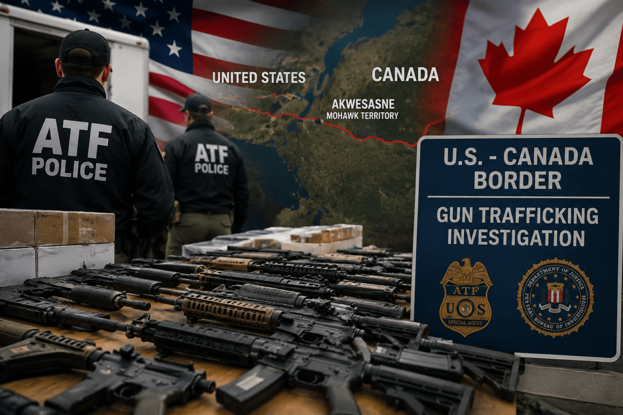 US Canada gun smuggling case 2026, 13 charged firearm trafficking ring US Canada border, Akwesasne gun smuggling investigation news, straw buyer gun trafficking scheme explained, ATF firearms smuggling crackdown cases, illegal gun export from US to Canada charges, cross border weapons trafficking criminal network, New Hampshire Vermont gun trafficking indictment, firearms smuggling tribal land border route, US federal gun trafficking arrests latest news, weapons trafficking ring exposed North America, Canada US border gun crime investigation, illegal firearms sales straw purchasers case, international gun smuggling syndicate busted US Canada