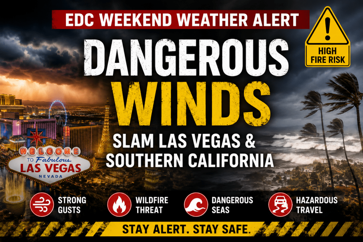 EDC weekend weather alert, Las Vegas dangerous winds 2026, Southern California wildfire risk, powerful winds in Las Vegas, EDC festival weather warning, California dangerous sea conditions, Las Vegas dust storm alert, wildfire danger Southern California today, strong winds Nevada desert, EDC Las Vegas travel warning, California rough seas warning, Las Vegas weather news, extreme weather EDC weekend, Southern California fire weather alert, high wind warning Las Vegas, dangerous surf California coast, Nevada storm update 2026, festival weather disruptions Las Vegas, California coastal storm conditions, EDC 2026 weather chaos