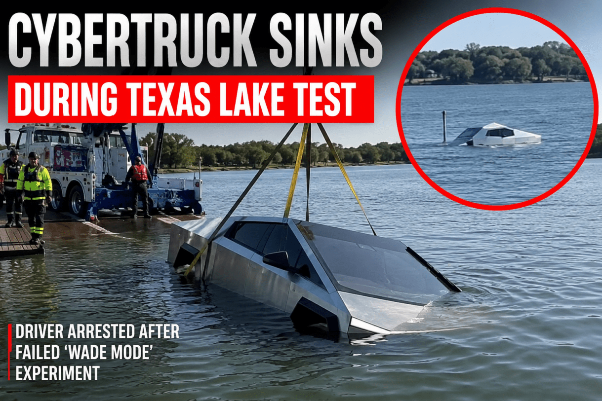 Tesla Cybertruck sinks, Cybertruck lake accident, Tesla Wade Mode failure, Cybertruck Texas lake, Elon Musk Cybertruck claims, Tesla truck underwater, Cybertruck viral video, electric truck accident Texas, Tesla Cybertruck news, Cybertruck water test gone wrong, EV truck lake accident, Cybertruck controversy, Tesla latest news, Grapevine Lake Cybertruck, electric vehicle failure