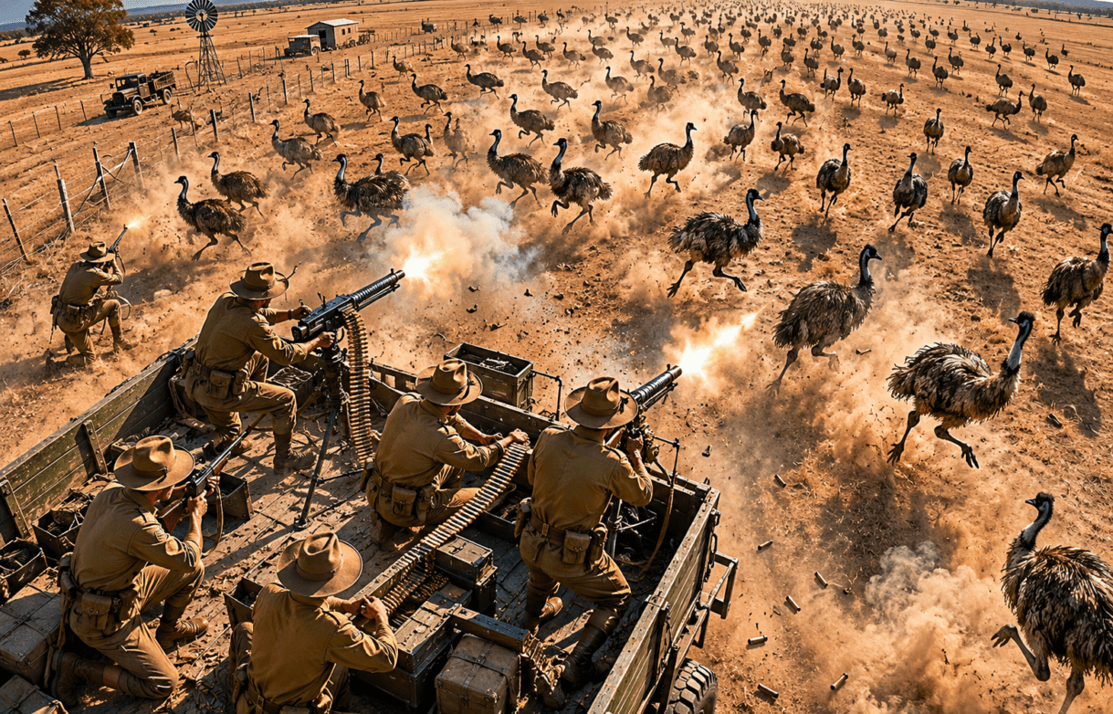 Great Emu War, Emu War Australia, Australia vs emus, 1932 Emu War, strange historical events, weird true stories, Australia military history, emu invasion Australia, bizarre wars in history, true stories that sound fake, Australian emus, Great Depression Australia, emu bird facts, wildlife conflicts history, funniest historical events