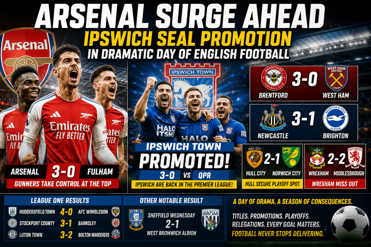 yesterday football results May 2026 England, Arsenal vs Fulham 3-0 full match result and analysis, Ipswich Town promotion to Premier League 2026 details, Premier League latest results and table update, Arsenal FC title race latest news 2026, Brentford vs West Ham 3-0 match report and highlights, Newcastle vs Brighton 3-1 result key moments analysis, EFL Championship final day results and promotion teams, Ipswich Town vs QPR 3-0 promotion winning match report, Hull City vs Norwich playoff qualification result analysis, Wrexham playoff chances missed 2026 Championship results, English football results May 2 2026 full list, latest soccer results England yesterday all leagues, EFL Championship promotion and playoff confirmed teams 2026, League One results May 2026 Huddersfield 4-0 AFC Wimbledon, Stockport vs Barnsley 3-1 full match result breakdown, Luton Town vs Bolton 3-2 match report and highlights, Sheffield Wednesday vs West Brom 2-1 match analysis, top football news England today results and standings, who is leading Premier League table May 2026, promotion teams to Premier League 2026 confirmed, English football final day drama Championship playoffs, latest football scores and results Europe May 2026, soccer match results yesterday full coverage England