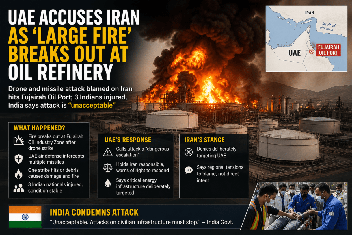 UAE oil refinery fire Fujairah 2026, Iran drone attack UAE oil port latest news, Fujairah oil industry zone explosion cause, UAE Iran conflict oil infrastructure attack, three Indians injured UAE oil port strike, India reaction Iran attack UAE unacceptable, Middle East oil facility fire breaking news, drone missile attack Fujairah UAE details, impact of UAE oil port fire on global oil prices, Strait of Hormuz tensions 2026 latest updates, UAE air defense intercept missiles Iran attack, Gulf region escalation Iran UAE conflict news, foreign workers injured UAE refinery explosion, global energy market impact UAE Iran tensions, oil supply disruption Middle East breaking news