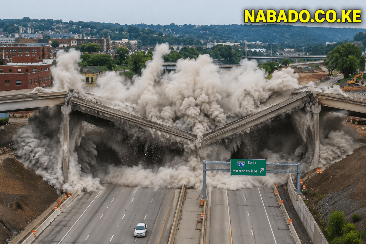 Pittsburgh bridge demolition, Commercial Street Bridge explosion, Interstate 376 bridge replacement, Pittsburgh bridge implosion, PennDOT bridge project, Parkway East closure, Pittsburgh highway news, Pennsylvania infrastructure project, Commercial Street Bridge replacement, I-376 traffic updates.