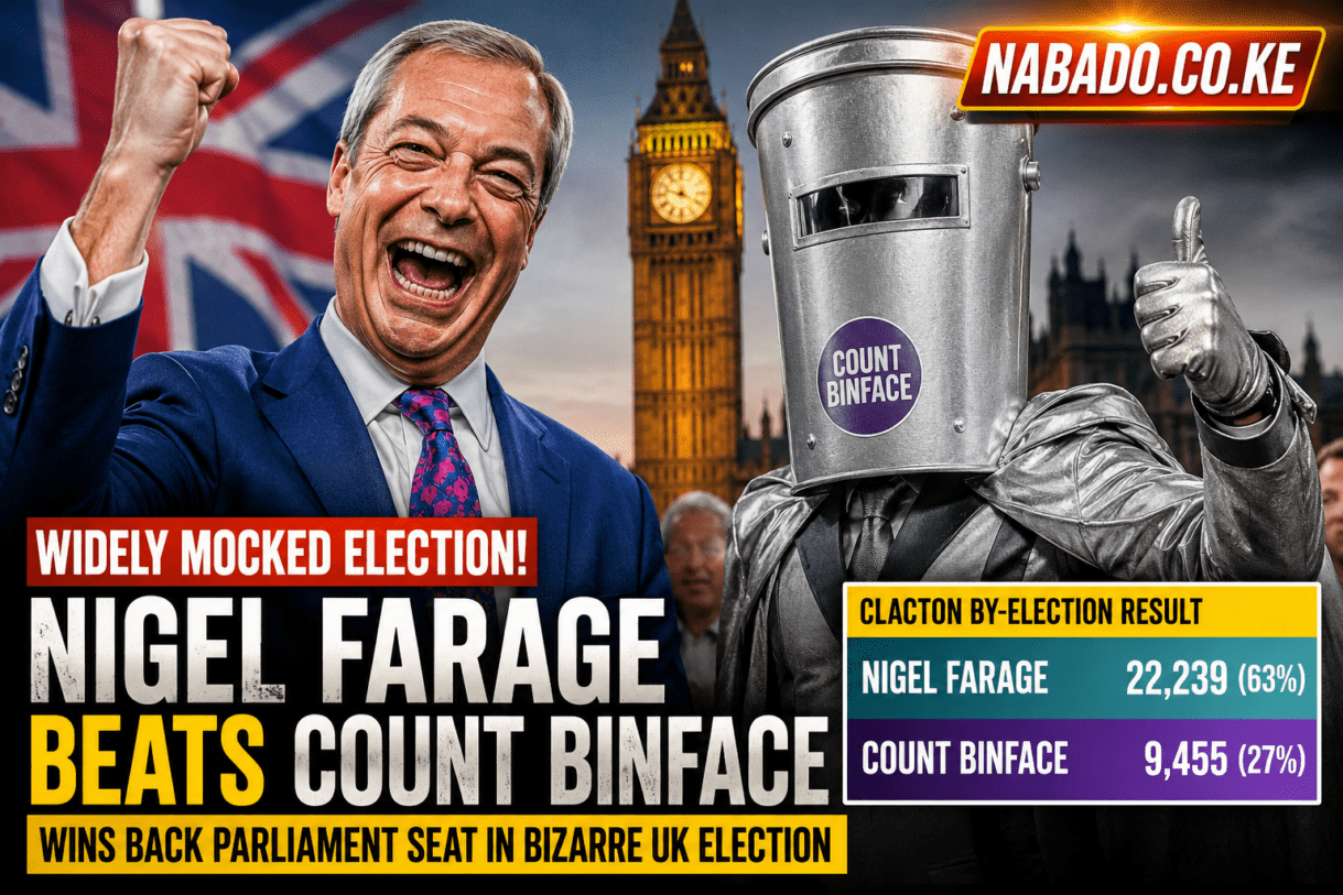 Nigel Farage, Count Binface, Nigel Farage election victory, Clacton by-election, UK Parliament, British politics, Reform UK, Nigel Farage latest news, Count Binface election, UK election 2026, Clacton election results, Nigel Farage Parliament seat, Reform UK latest, British political news, bizarre UK election, widely mocked election, UK by-election, Farage wins Clacton, UK politics news, NABADO.CO.KE