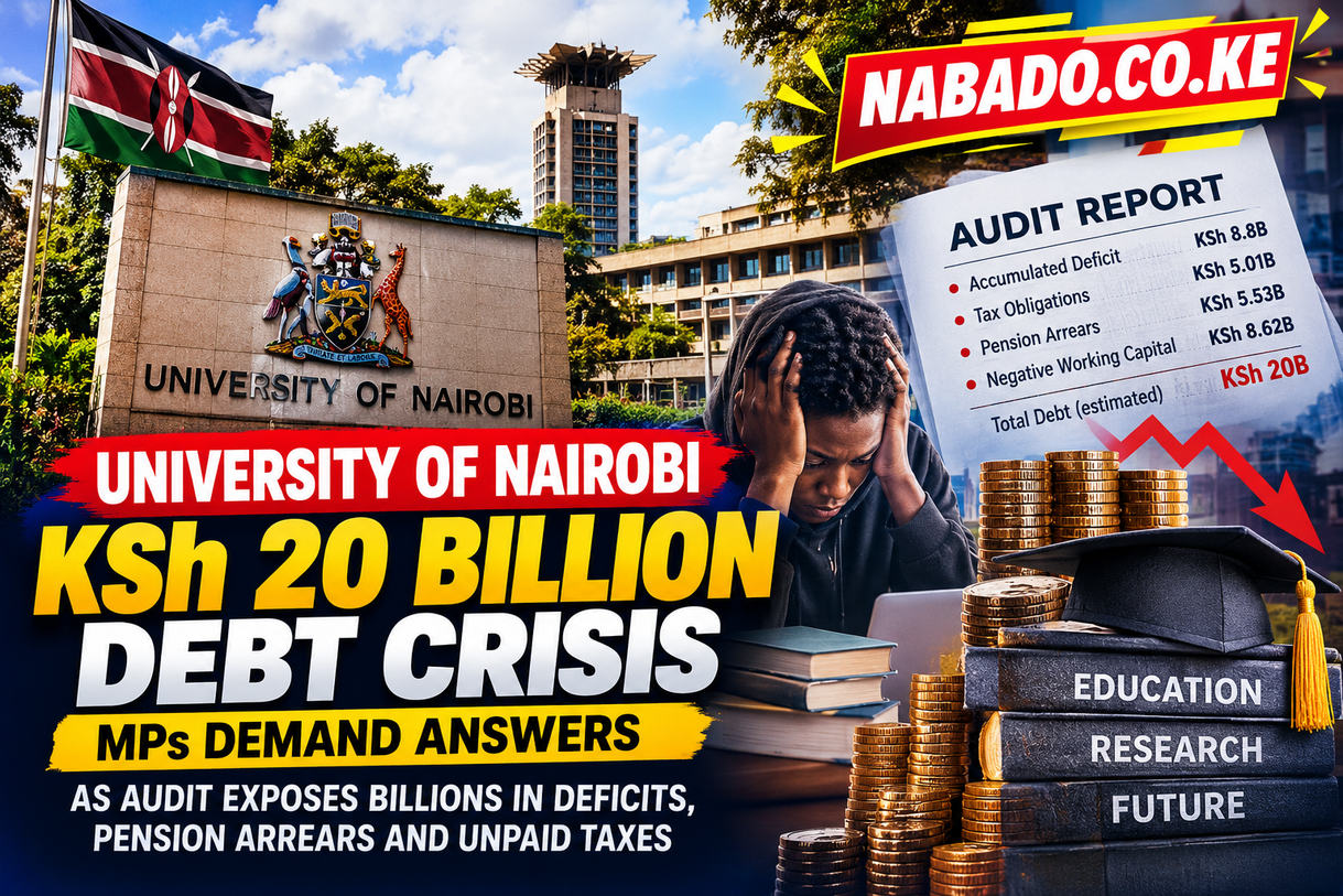 University of Nairobi debt, UoN KSh 20 billion debt, University of Nairobi financial crisis, University of Nairobi insolvency, UoN debt crisis 2026, University of Nairobi audit report, UoN pension arrears, University of Nairobi unpaid taxes, University of Nairobi accumulated deficit, Ayub Gitau, Kenyan public universities debt, University of Nairobi financial recovery plan, Kenya higher education funding, UoN asset portfolio, MPs question University of Nairobi debt.